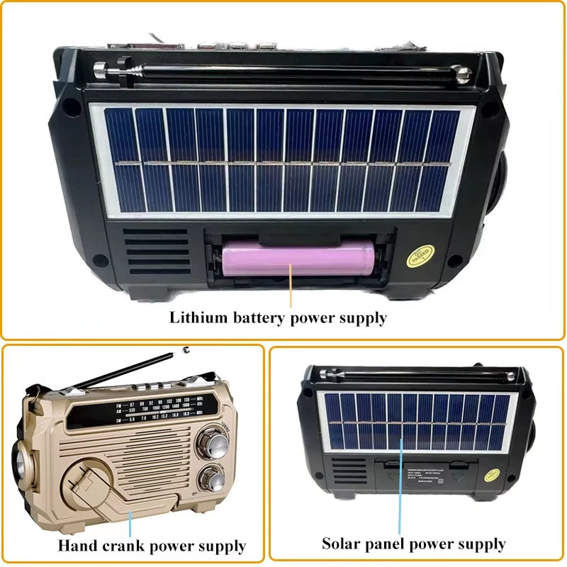 Solar Charging Emergency Radios Portable FM AM SW Radio Receiver Hand Crank Bluetooth 5.2 Speaker Music Player Support TF USB