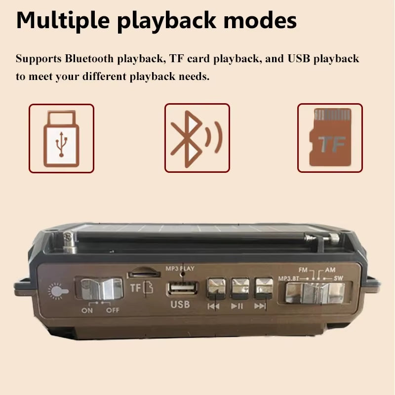 Solar Charging Emergency Radios Portable FM AM SW Radio Receiver Hand Crank Bluetooth 5.2 Speaker Music Player Support TF USB