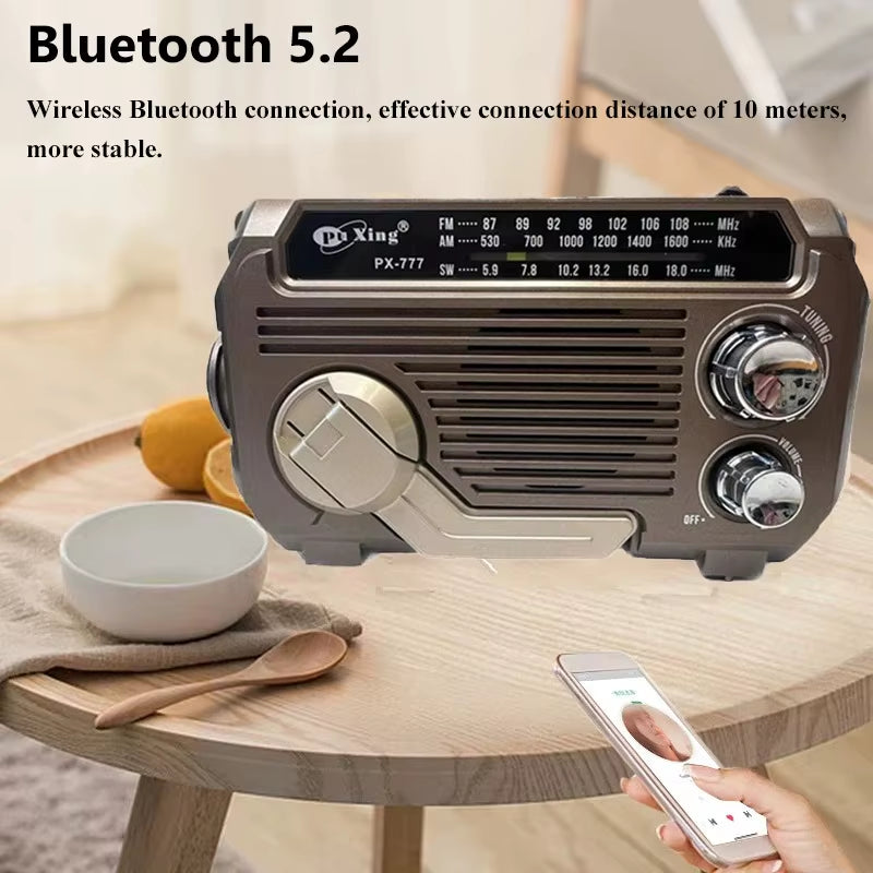 Solar Charging Emergency Radios Portable FM AM SW Radio Receiver Hand Crank Bluetooth 5.2 Speaker Music Player Support TF USB