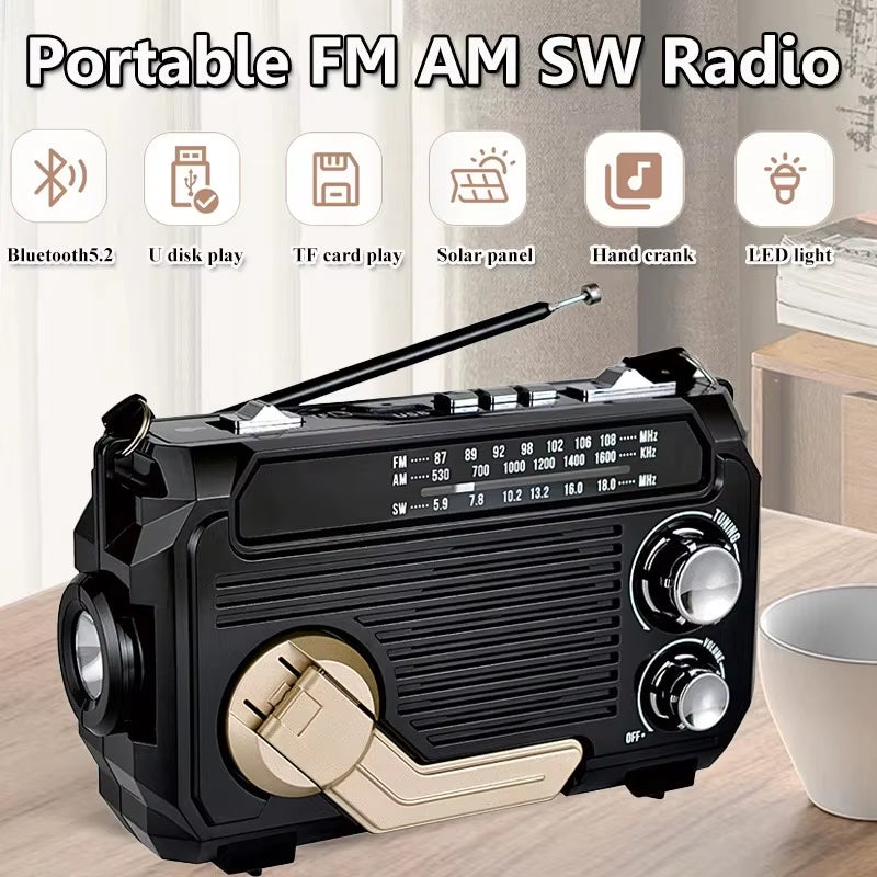 Solar Charging Emergency Radios Portable FM AM SW Radio Receiver Hand Crank Bluetooth 5.2 Speaker Music Player Support TF USB